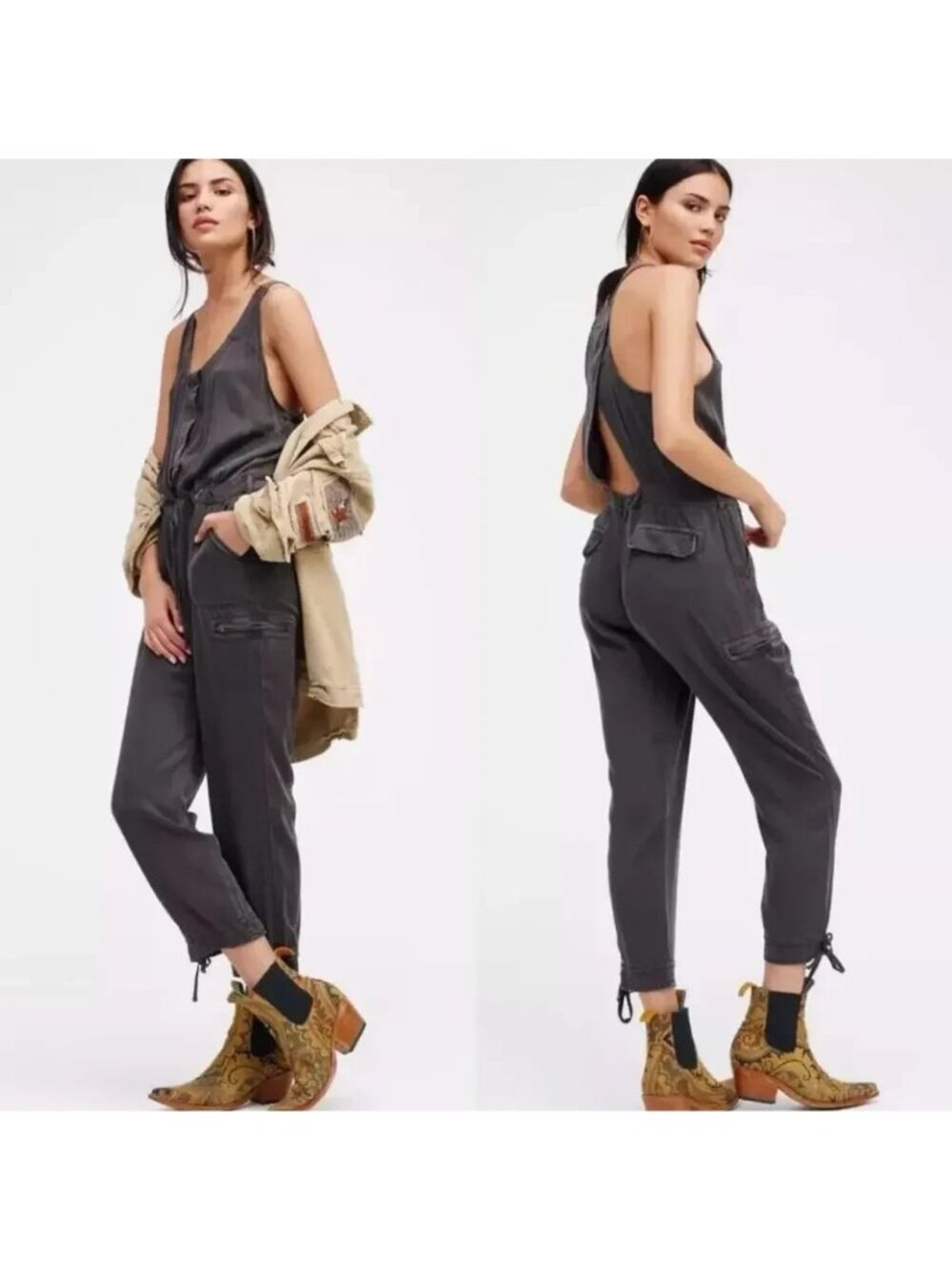 Free People Washed Twill Open-Back Utility Jumpsuit